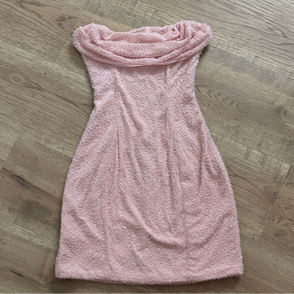 Oh Polly Strapless Blush Pink Pearl-Embellished Sheath Dress